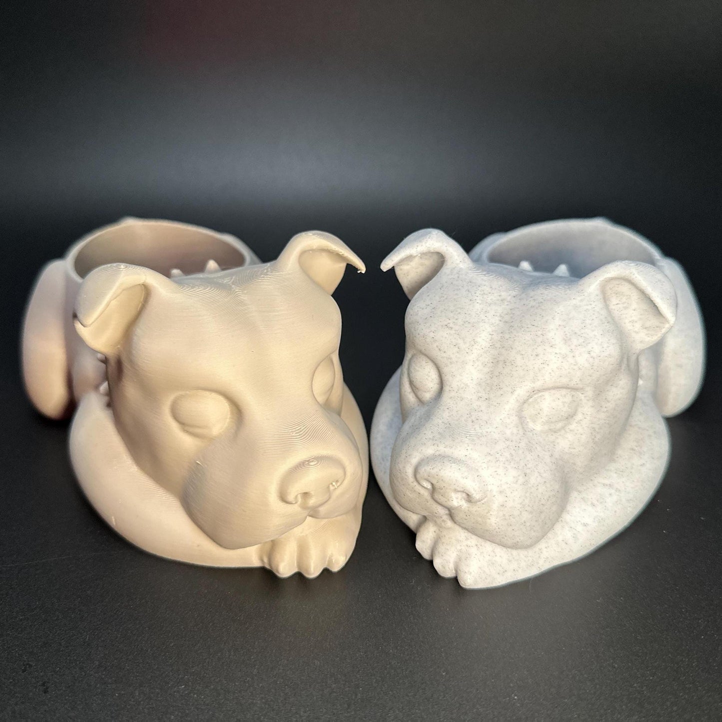 Staffordshire Bull Terrier planter with sleek detailing, ideal for succulents, cacti, or small plants. Lightweight, 3D-printed design perfect for home or office decor.