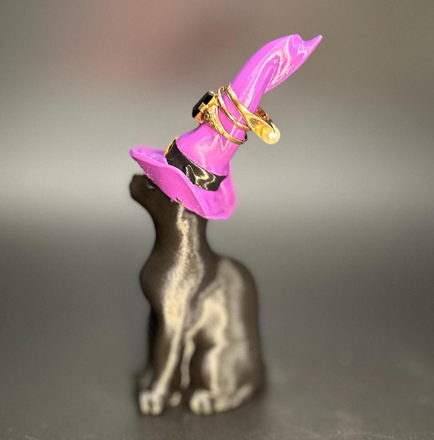 Whimsical Black Cat Ring Holder with Witch Hat – Mystical Jewelry Organizer