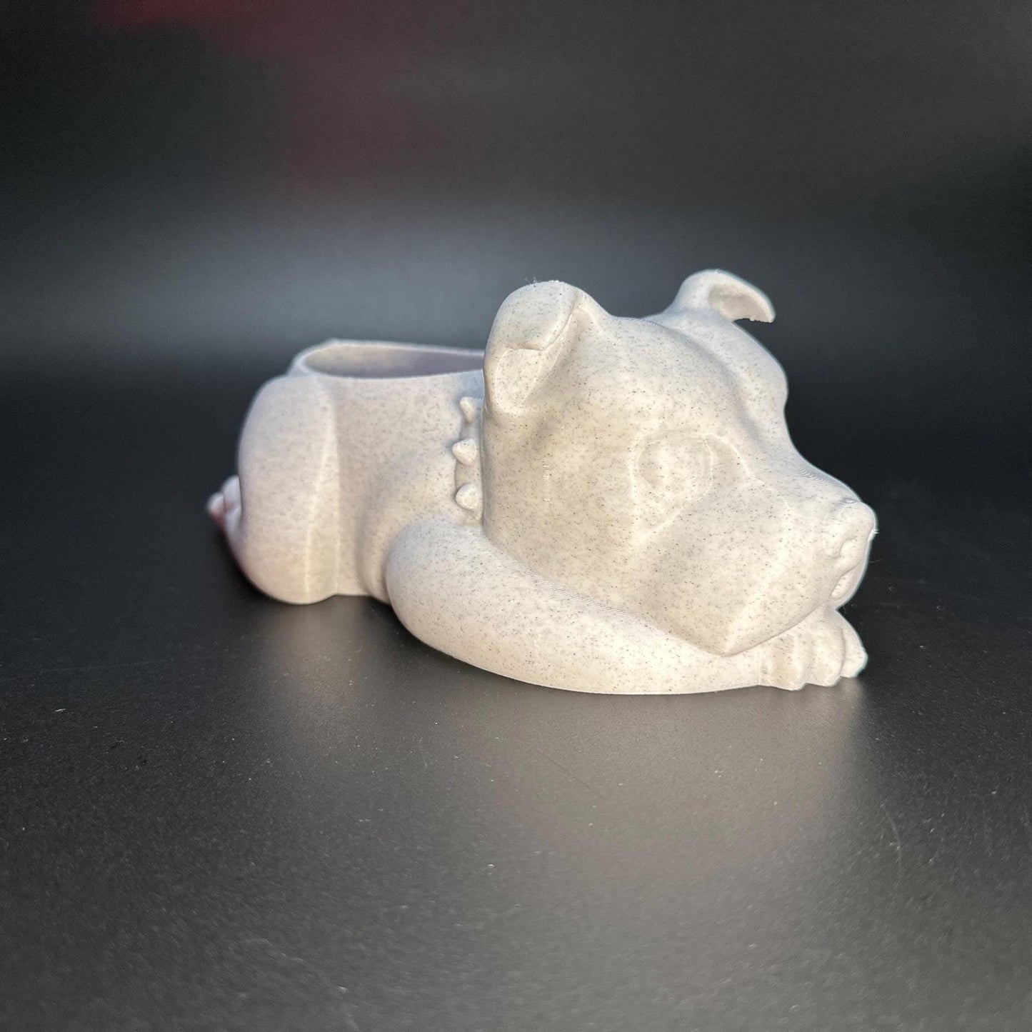 Staffordshire Bull Terrier planter with sleek detailing, ideal for succulents, cacti, or small plants. Lightweight, 3D-printed design perfect for home or office decor.