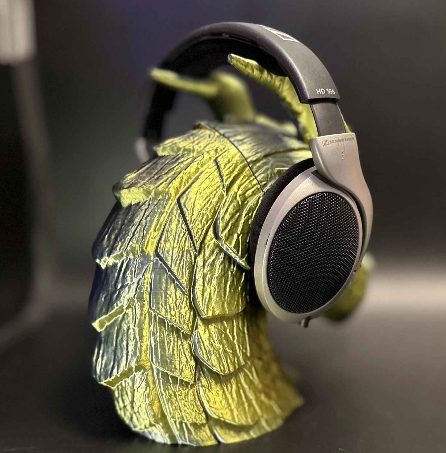 Majestic Dragon Headphone Stand with Glowing Red Eyes – Dark Golden Finish