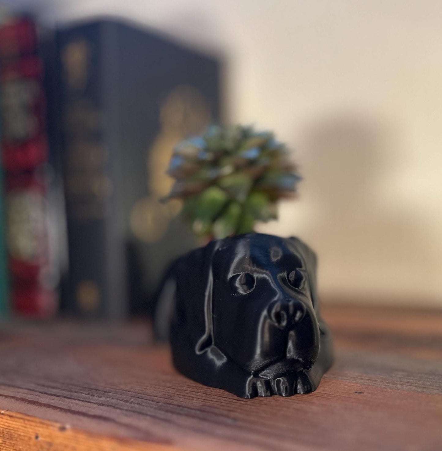 3D-printed black Labrador planter for succulents or small plants, showing off cute canine details and a sleek design.