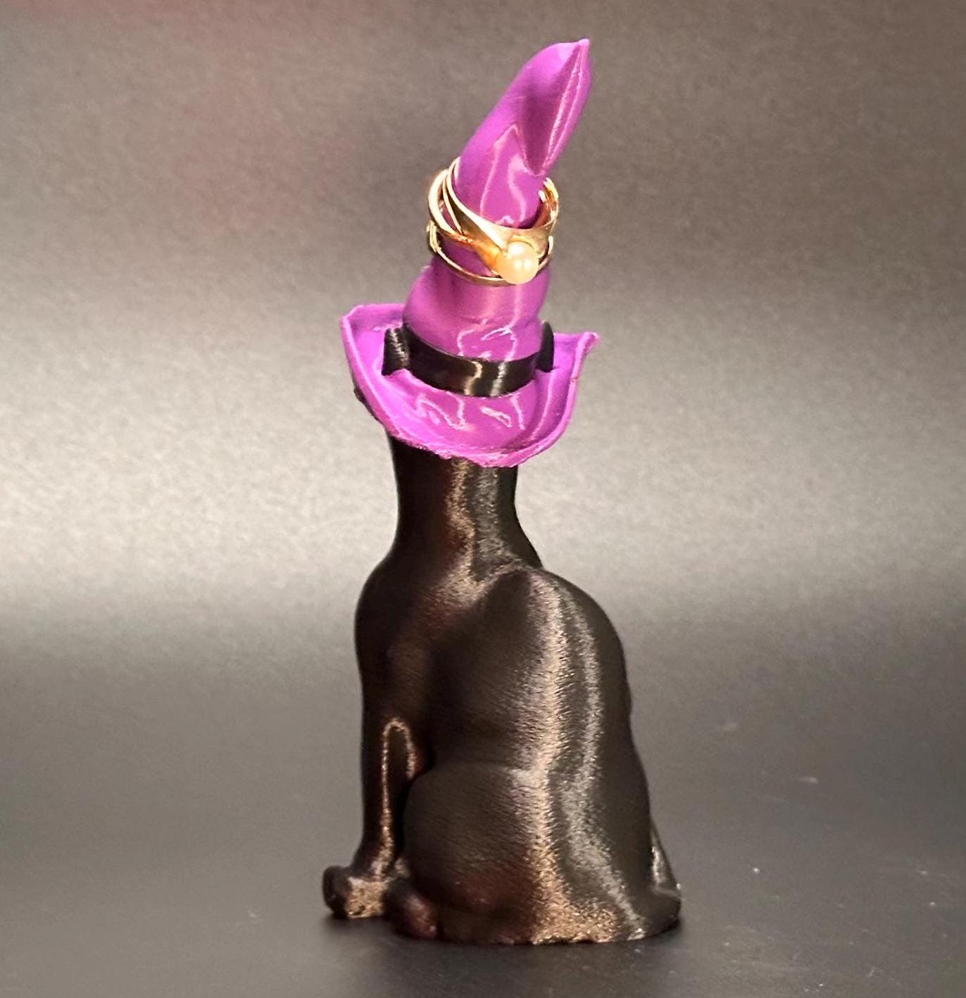 Whimsical Black Cat Ring Holder with Witch Hat – Mystical Jewelry Organizer
