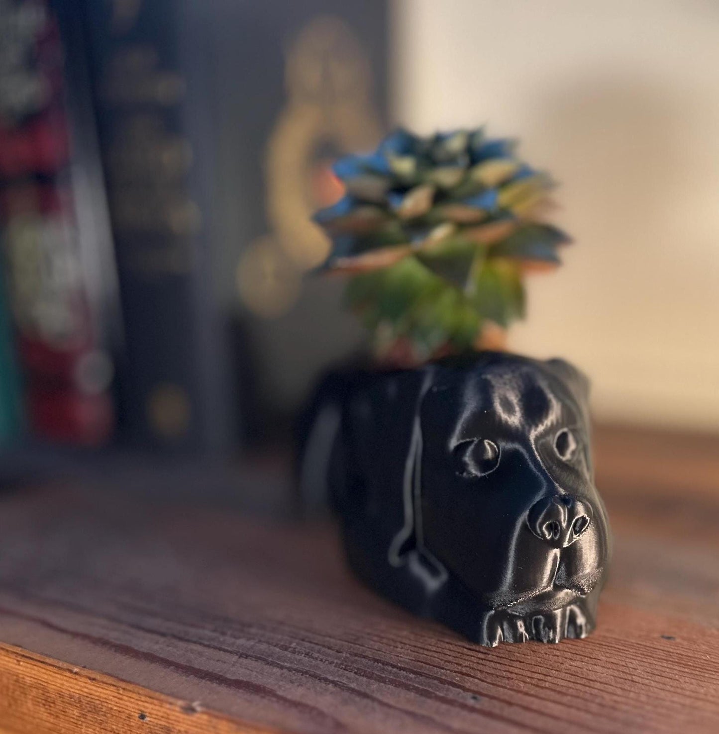 3D-printed black Labrador planter for succulents or small plants, showing off cute canine details and a sleek design.