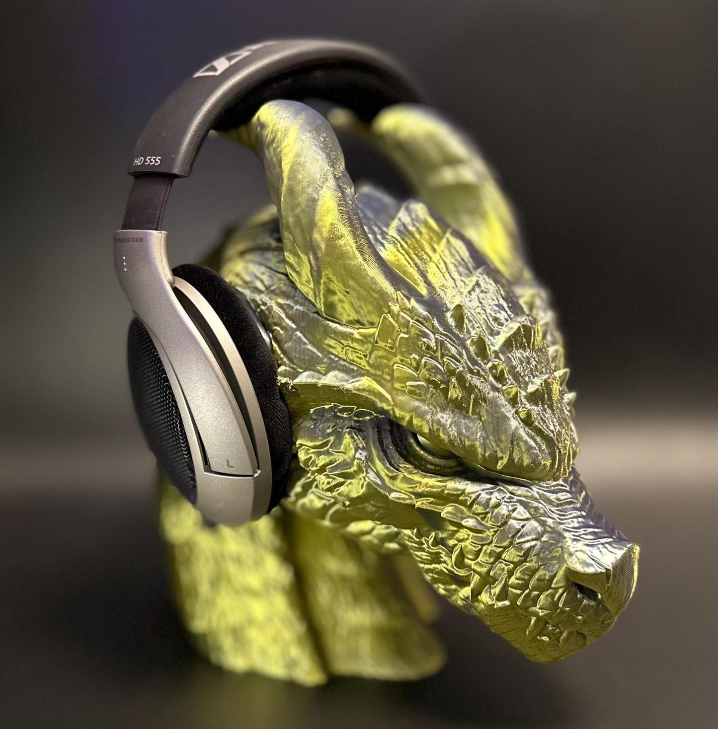 Majestic Dragon Headphone Stand with Glowing Red Eyes – Dark Golden Finish