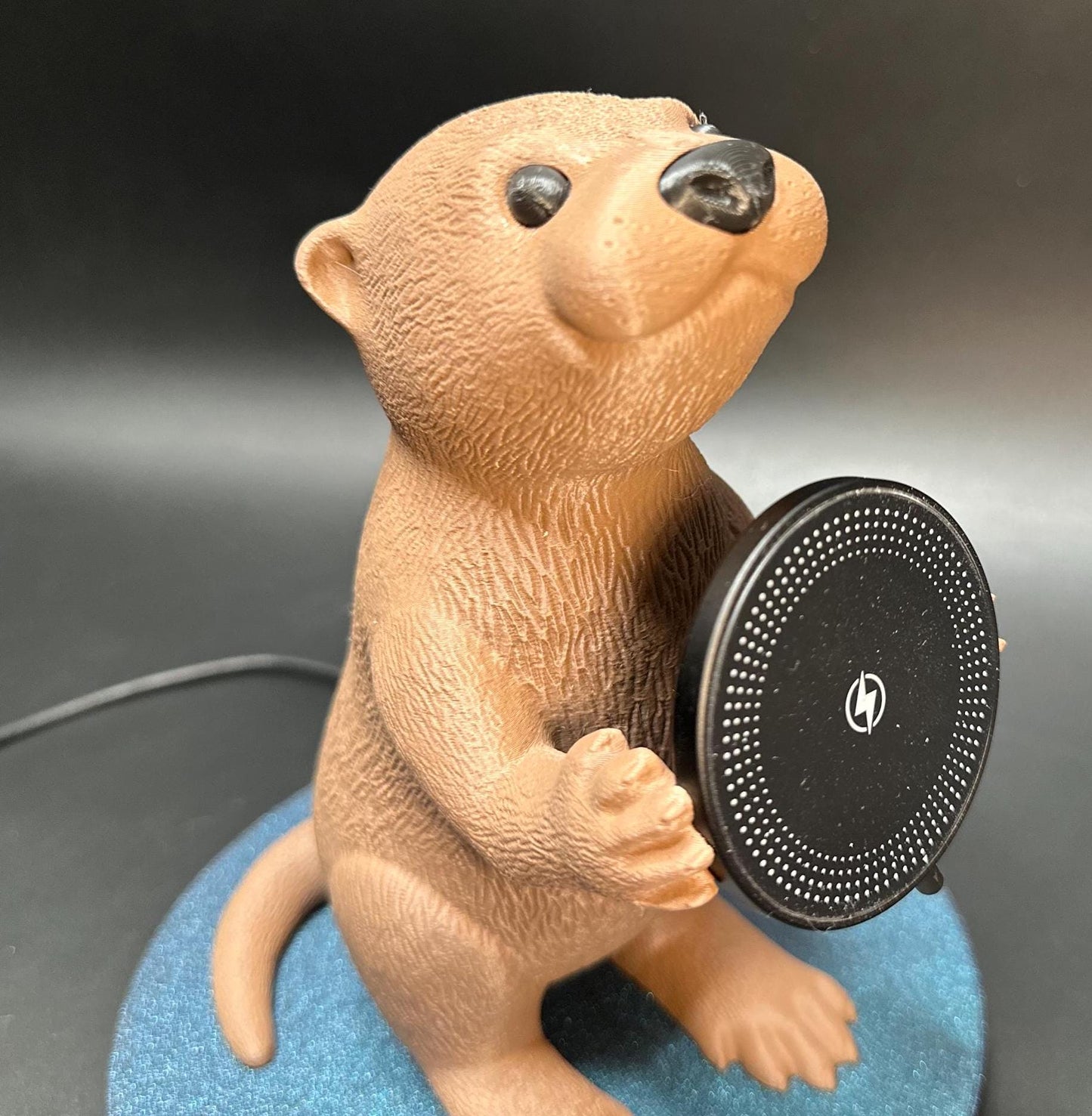 A cute gray otter figure holding a magnetic phone charger dock. Functional and adorable addition to any tech setup.β