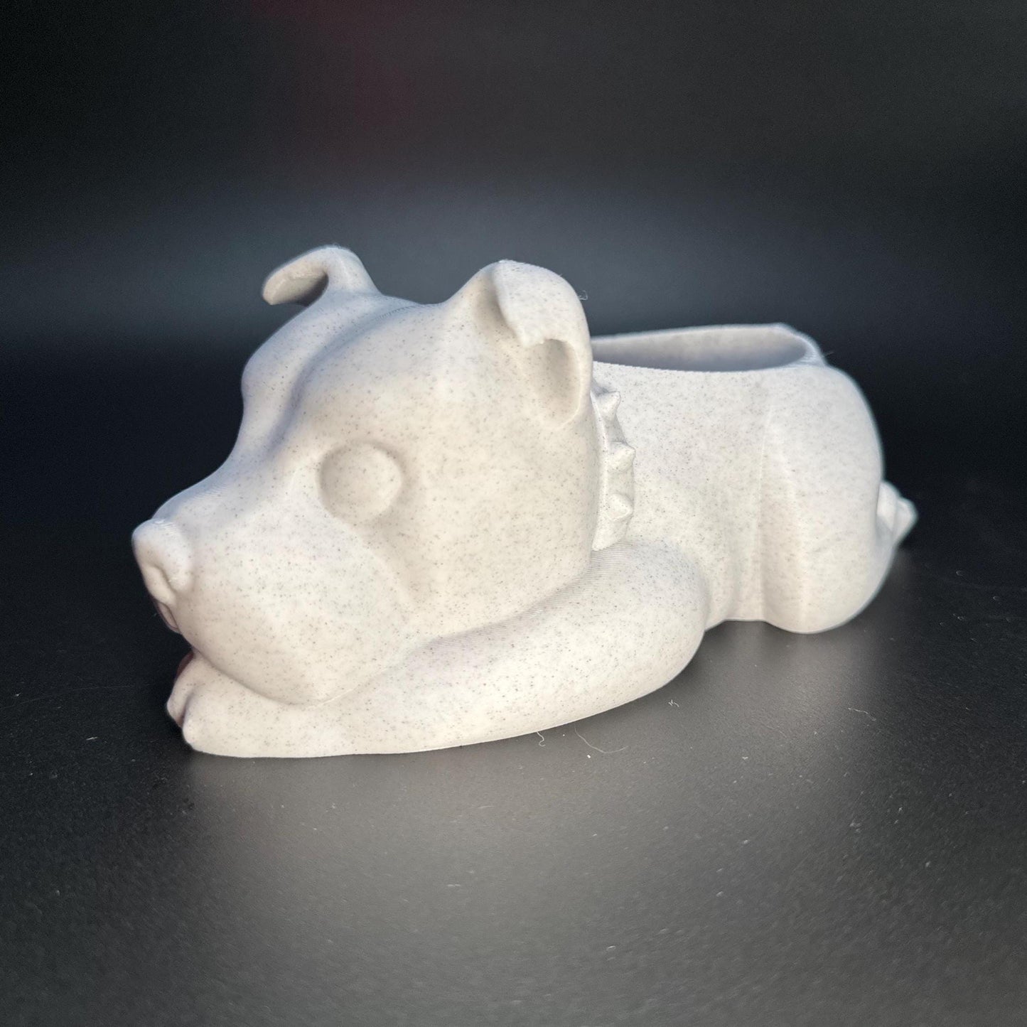 Staffordshire Bull Terrier planter with sleek detailing, ideal for succulents, cacti, or small plants. Lightweight, 3D-printed design perfect for home or office decor.