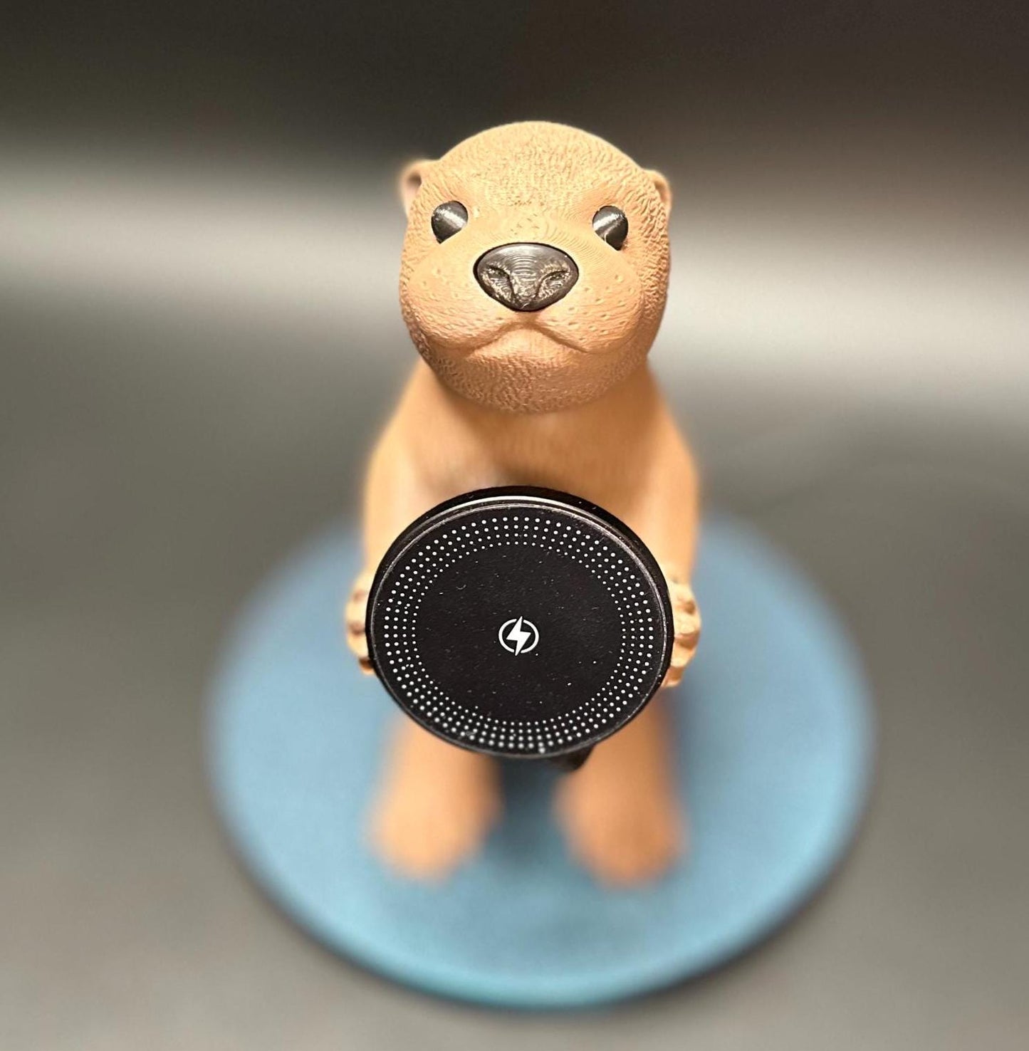 A cute gray otter figure holding a magnetic phone charger dock. Functional and adorable addition to any tech setup.β