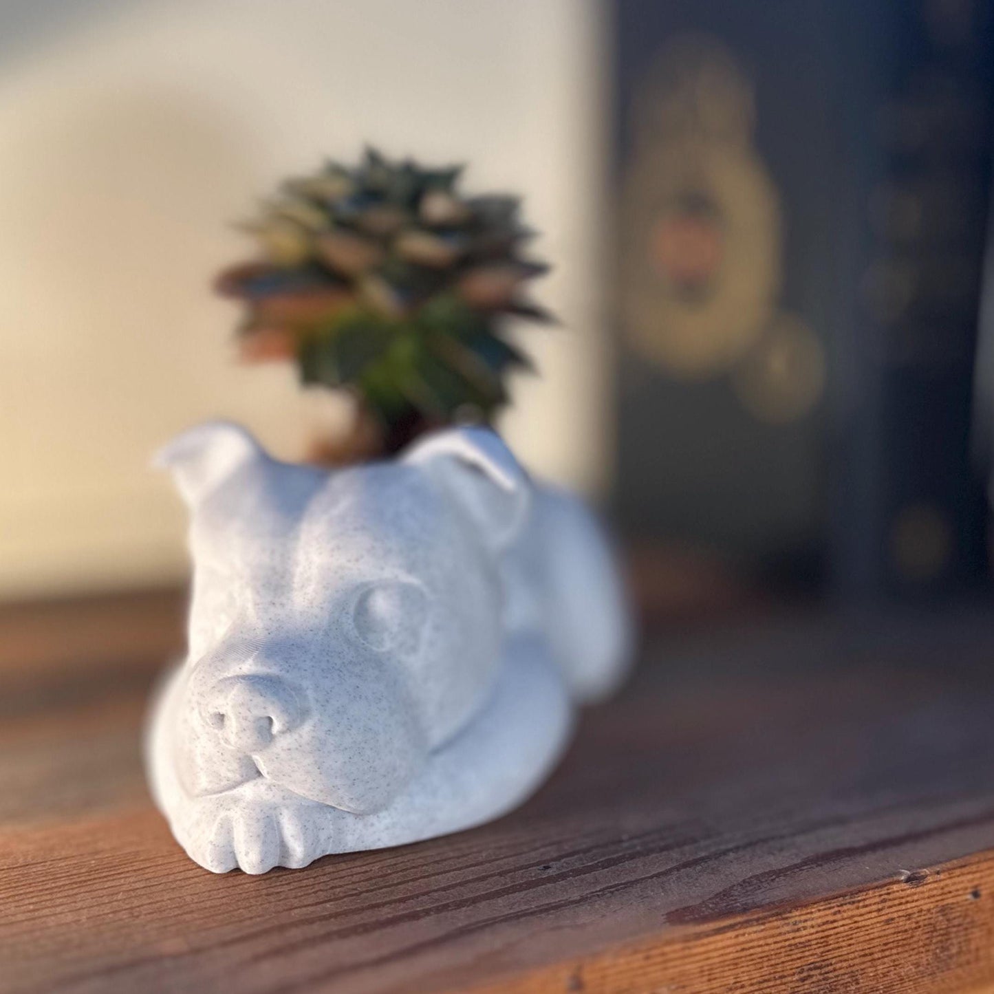 Staffordshire Bull Terrier planter with sleek detailing, ideal for succulents, cacti, or small plants. Lightweight, 3D-printed design perfect for home or office decor.