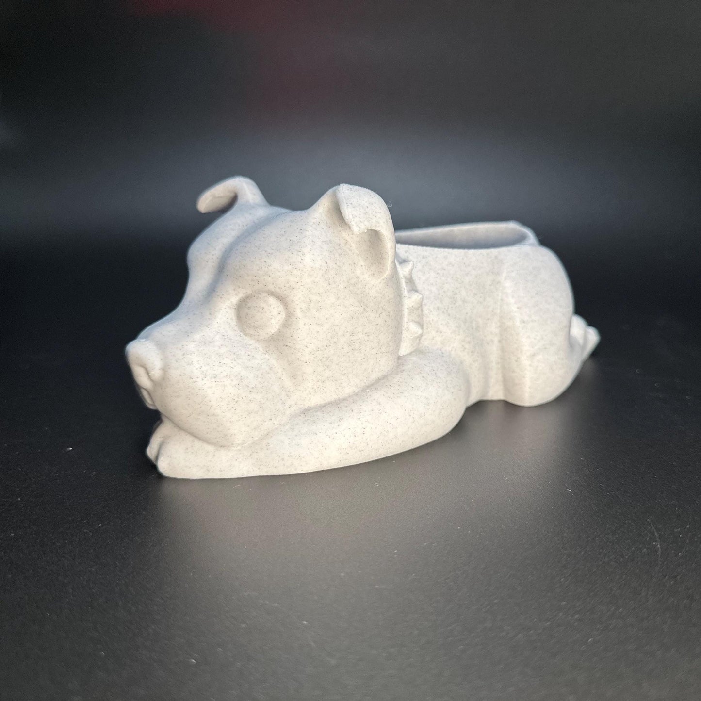 Staffordshire Bull Terrier planter with sleek detailing, ideal for succulents, cacti, or small plants. Lightweight, 3D-printed design perfect for home or office decor.