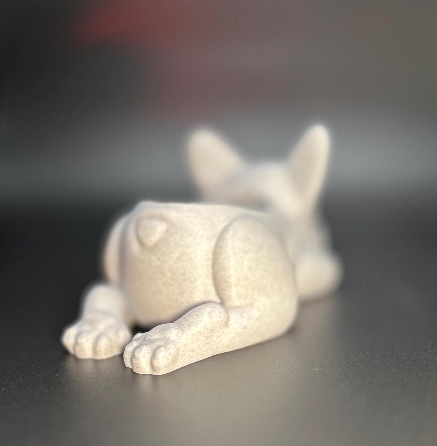 3D-printed French Bulldog planter for succulents or small plants. Available in black, chocolate brown, beige, white, gray, and marble colors.