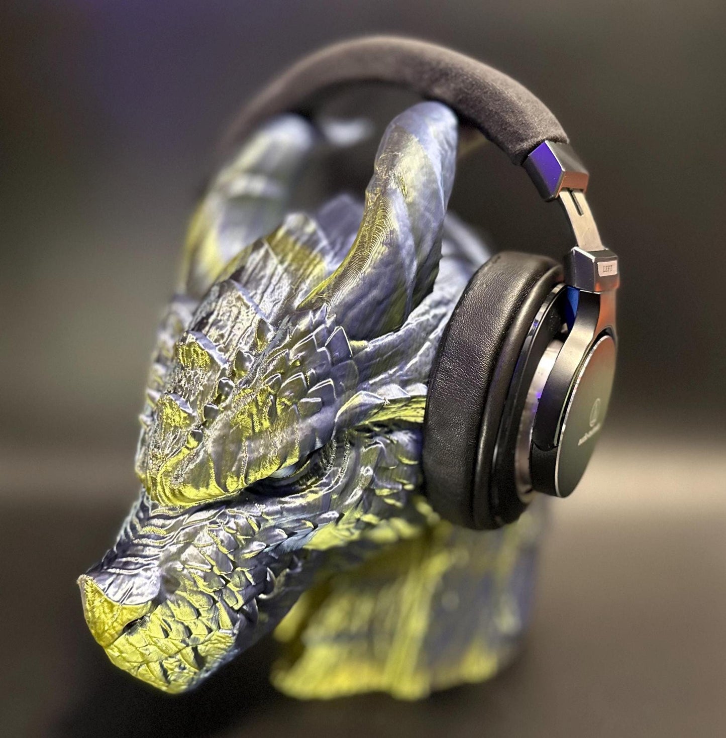 Majestic Dragon Headphone Stand with Glowing Red Eyes – Dark Golden Finish