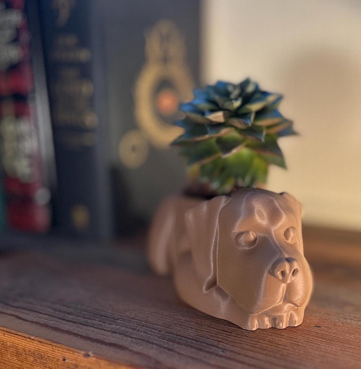 Charming chocolate Labrador planter for succulents, highlighting adorable dog-inspired details and warm tones.
