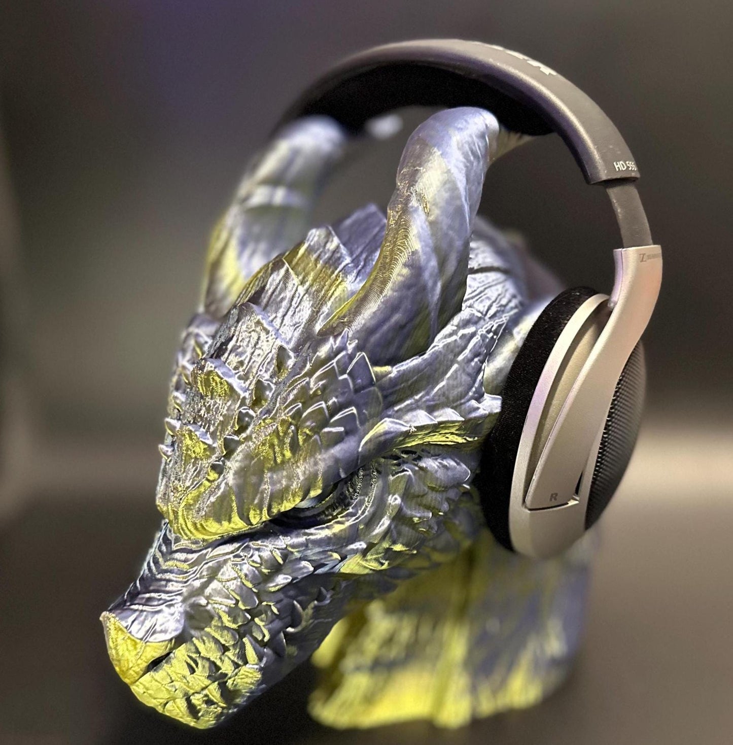 Majestic Dragon Headphone Stand with Glowing Red Eyes – Dark Golden Finish