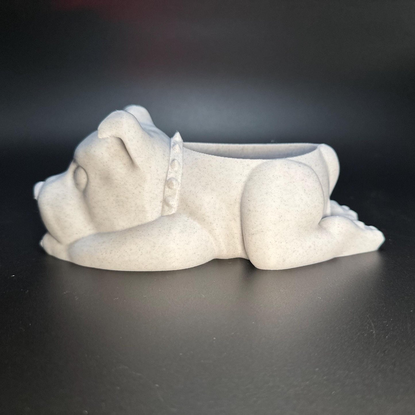 Staffordshire Bull Terrier planter with sleek detailing, ideal for succulents, cacti, or small plants. Lightweight, 3D-printed design perfect for home or office decor.