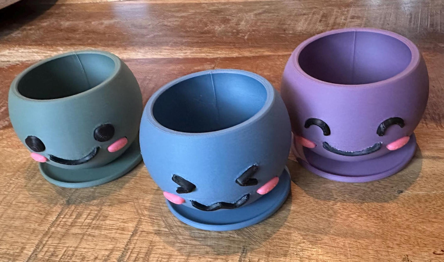 Kawaii 3D Printed Planters Set β Cute Smiling Succulent Pots in 3 Sizes