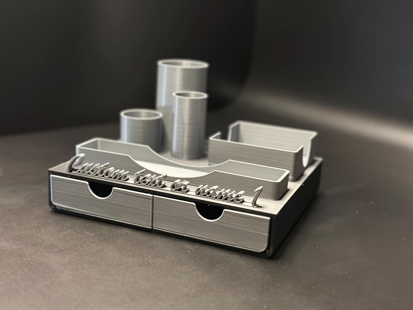 Cute Custom Black and Grey Desk Organizer with Personalized Name Tag