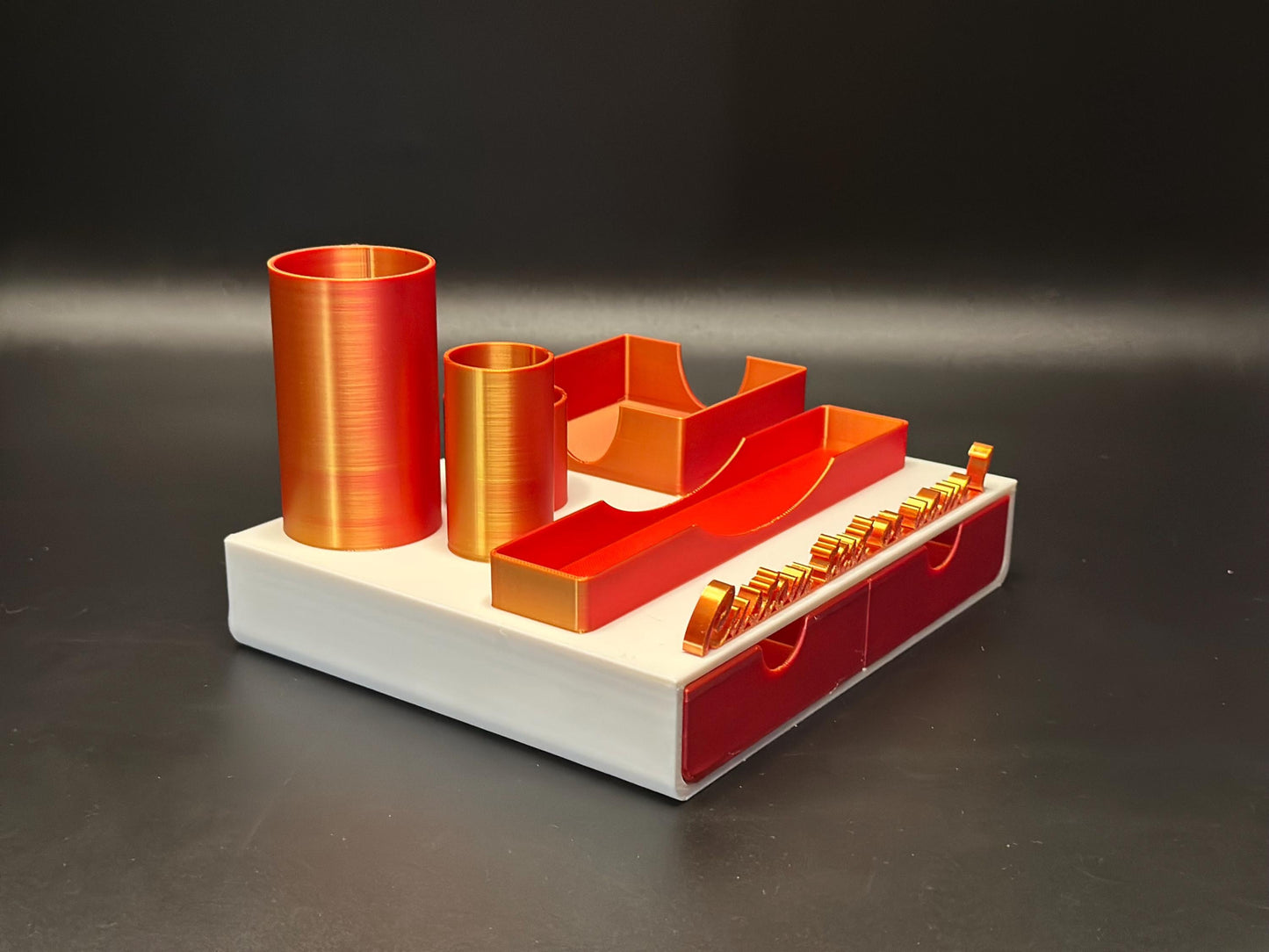 Personalized White, Red and Gold Desk Organizer with Name Tag