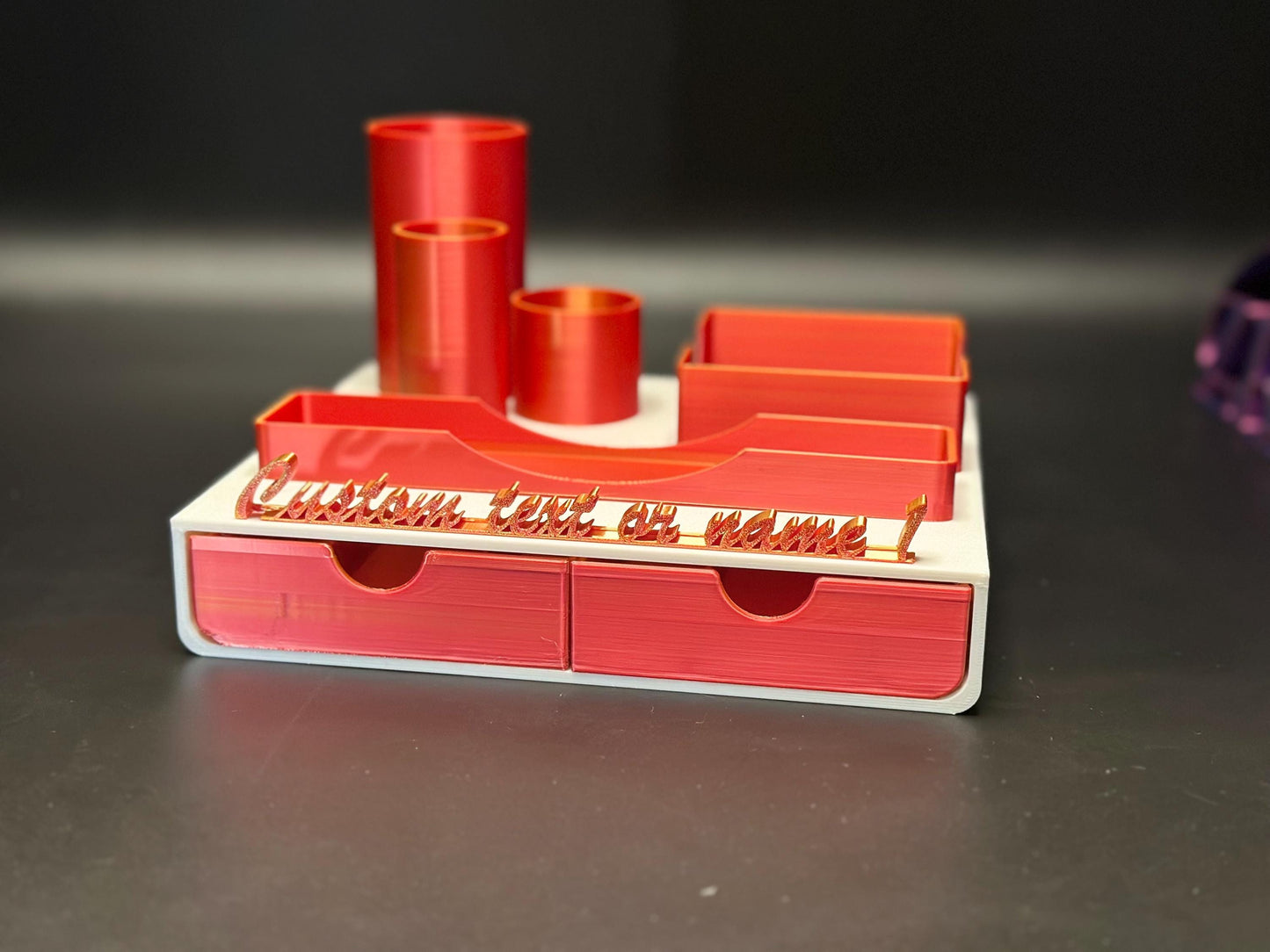 Personalized White, Red and Gold Desk Organizer with Name Tag