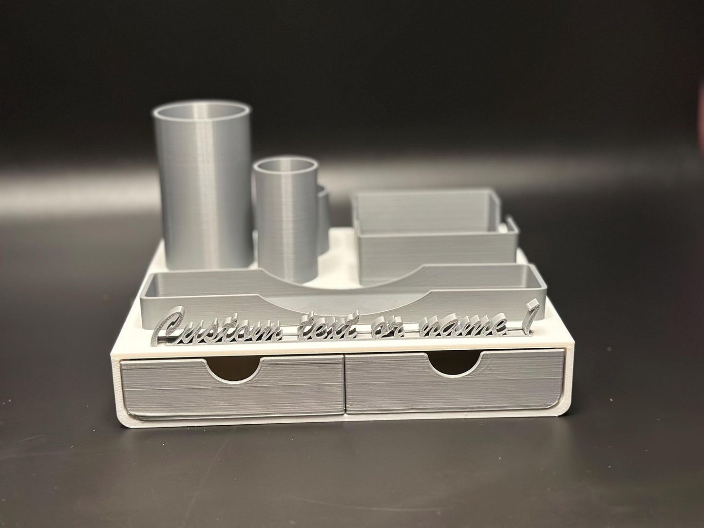 Custom Office Desk Organizer with Name Tag in White and Gray