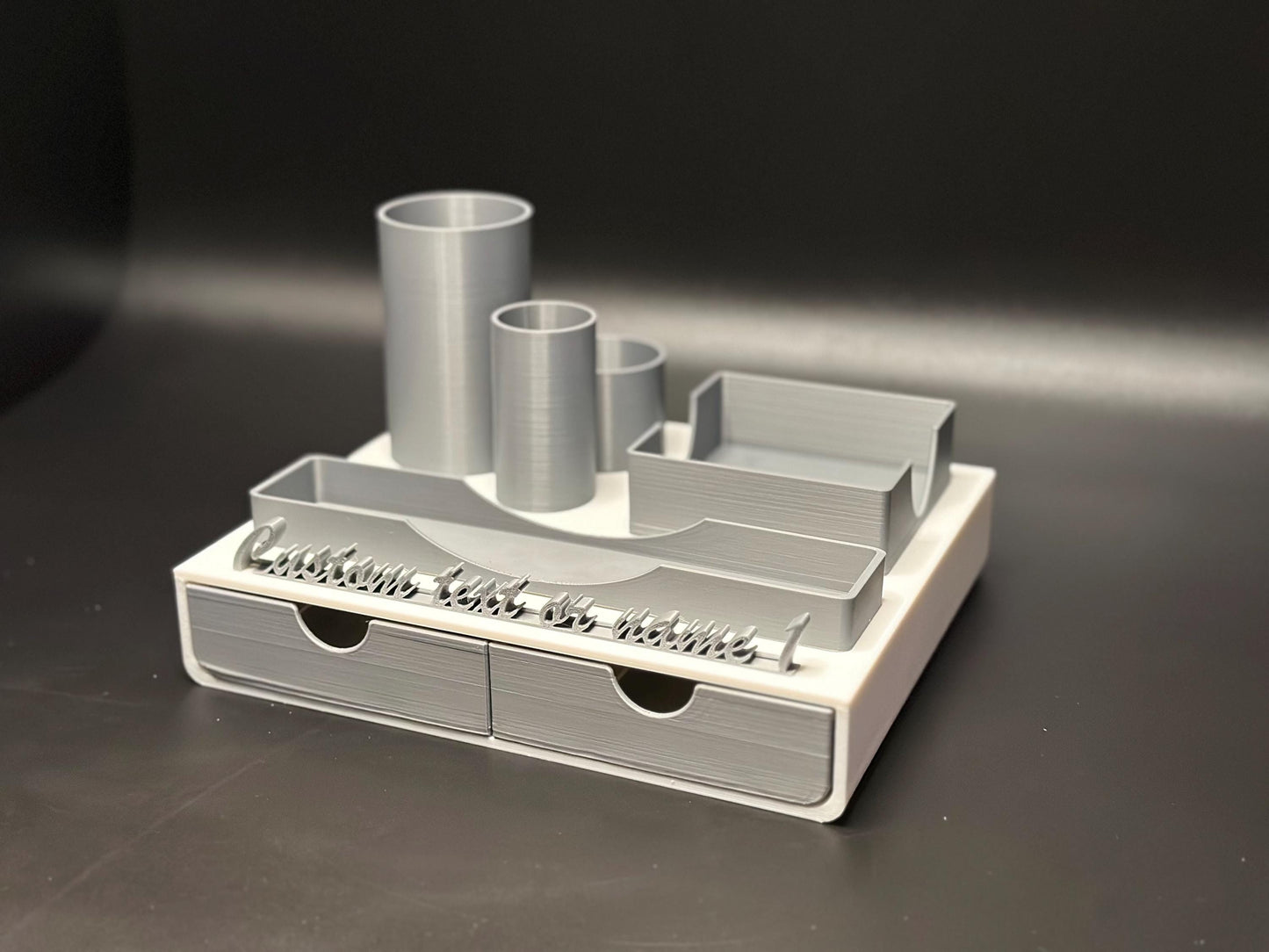 Custom Office Desk Organizer with Name Tag in White and Gray