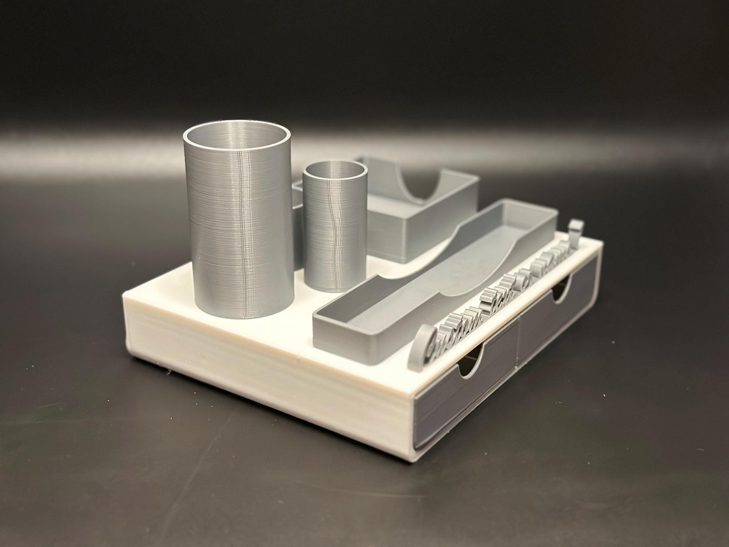 Custom Office Desk Organizer with Name Tag in White and Gray