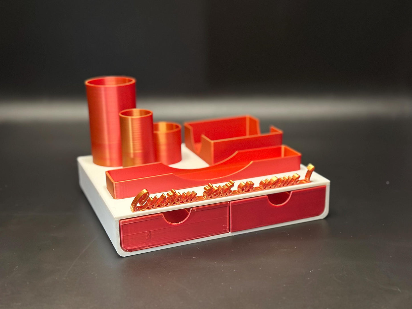 Personalized White, Red and Gold Desk Organizer with Name Tag