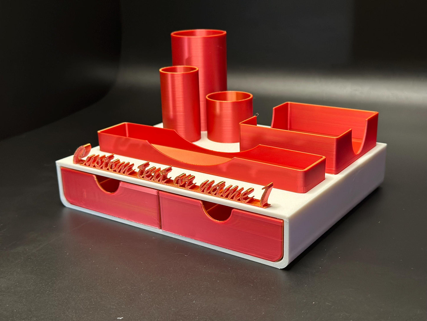Personalized White, Red and Gold Desk Organizer with Name Tag