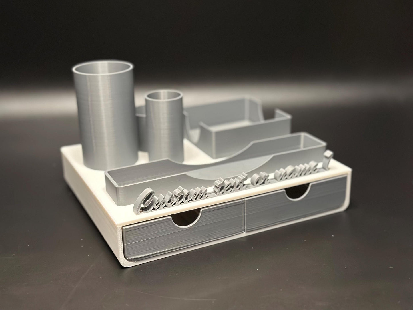 Custom Office Desk Organizer with Name Tag in White and Gray
