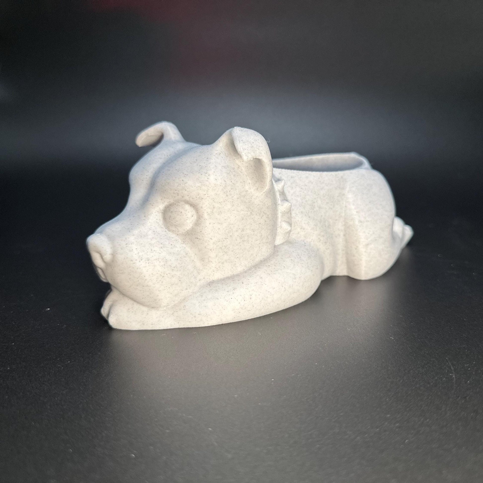 Staffordshire Bull Terrier planter with sleek detailing, ideal for succulents, cacti, or small plants. Lightweight, 3D-printed design perfect for home or office decor.